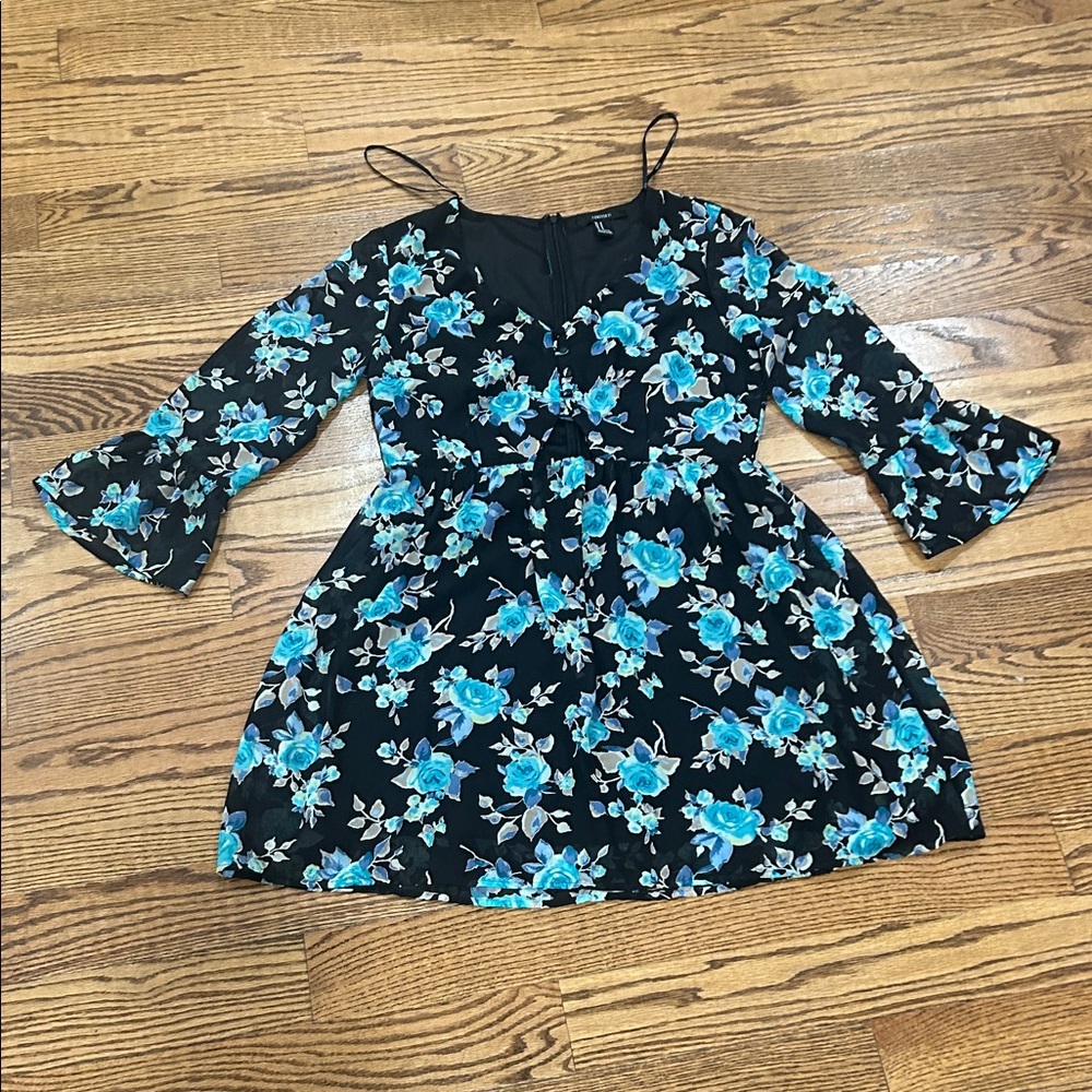 Forever 21 Black Dress with Blue Floral Pattern